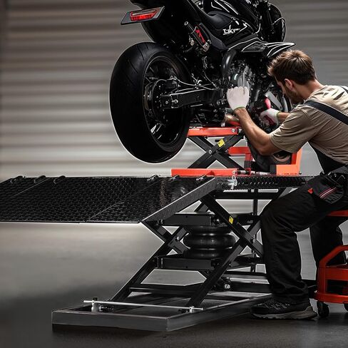 VEVOR Motorcycle Lift Table, 1500lbs Weight Capacity, Pneumatic Motorcycle Jack, 8.6-31 in Height Range, Heavy Duty Bike Repair Stand with Removable Workbench, Repair Platform for ATVs, Dirt Bike in Saudi Arabia