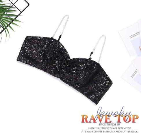JEWEKY Sequin Sparkly Bra Top Black Backless Spaghetti Strap Clubwear Chest Top for Women in Saudi Arabia