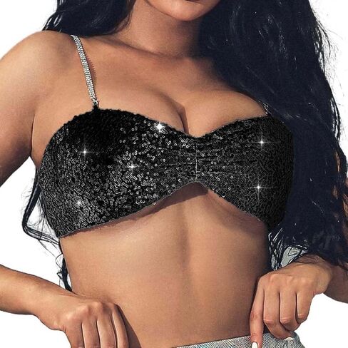 JEWEKY Sequin Sparkly Bra Top Black Backless Spaghetti Strap Clubwear Chest Top for Women in Saudi Arabia