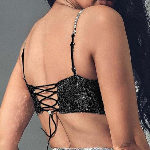 JEWEKY Sequin Sparkly Bra Top Black Backless Spaghetti Strap Clubwear Chest Top for Women in Saudi Arabia
