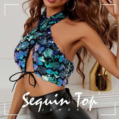 JEWEKY Sequin Sparkly Bra Top Black Backless Spaghetti Strap Clubwear Chest Top for Women in Saudi Arabia
