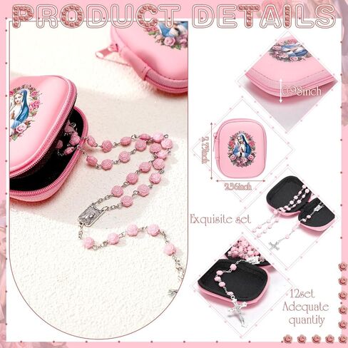 Quelay 12 Set Rosary Beads Catholic for Women Pink Rosary Pearl Beads with Classic Cross Virgin Mary Zippered Prayer Box First Communion Gift Baptism Confirmation Jewelry in Saudi Arabia