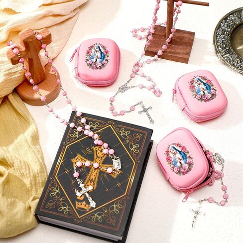 Quelay 12 Set Rosary Beads Catholic for Women Pink Rosary Pearl Beads with Classic Cross Virgin Mary Zippered Prayer Box First Communion Gift Baptism Confirmation Jewelry in Saudi Arabia