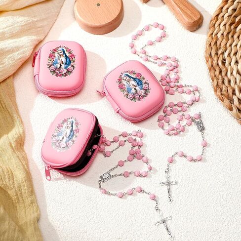 Quelay 12 Set Rosary Beads Catholic for Women Pink Rosary Pearl Beads with Classic Cross Virgin Mary Zippered Prayer Box First Communion Gift Baptism Confirmation Jewelry in Saudi Arabia
