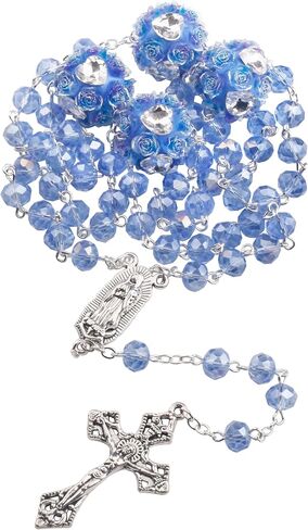 8mm Crystal Beads Guadalupe Catholic Rosary Necklace with Large Rose Glory Beads for Women in Velvet Bag in Saudi Arabia