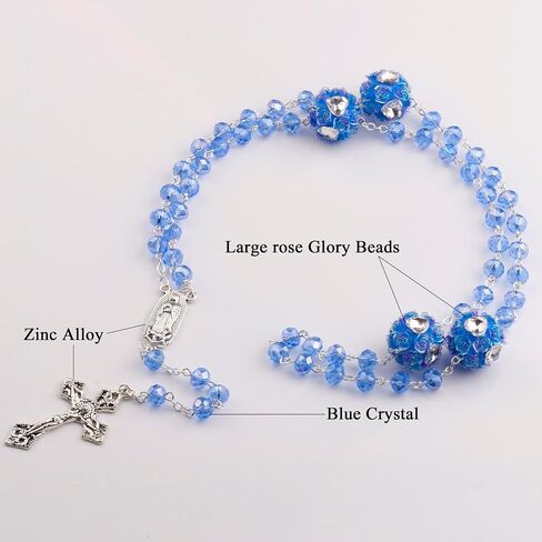 8mm Crystal Beads Guadalupe Catholic Rosary Necklace with Large Rose Glory Beads for Women in Velvet Bag in Saudi Arabia