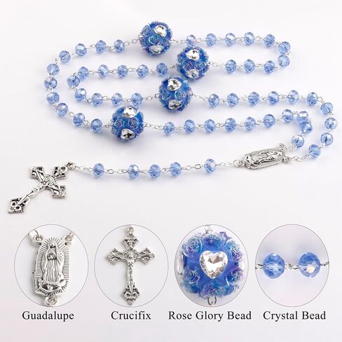 8mm Crystal Beads Guadalupe Catholic Rosary Necklace with Large Rose Glory Beads for Women in Velvet Bag in Saudi Arabia