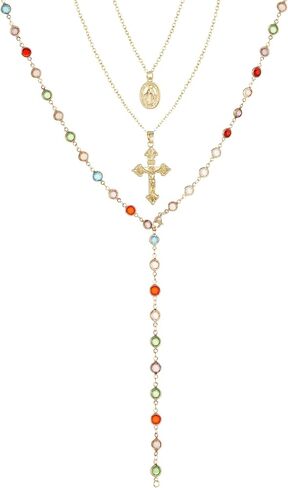 Layered Crystal Y-Shaped Lariat Necklaces for Women 14K Gold Sun Cross Virgin Mary Boho Hippie Rhinestone Jewelry in Saudi Arabia