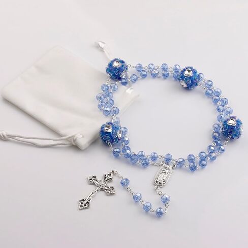 8mm Crystal Beads Guadalupe Catholic Rosary Necklace with Large Rose Glory Beads for Women in Velvet Bag in Saudi Arabia