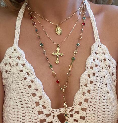 Layered Crystal Y-Shaped Lariat Necklaces for Women 14K Gold Sun Cross Virgin Mary Boho Hippie Rhinestone Jewelry in Saudi Arabia