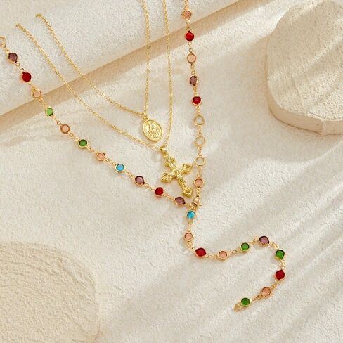 Layered Crystal Y-Shaped Lariat Necklaces for Women 14K Gold Sun Cross Virgin Mary Boho Hippie Rhinestone Jewelry in Saudi Arabia