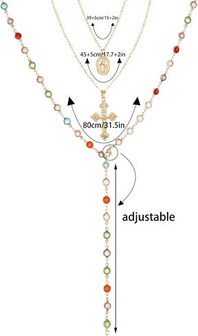 Layered Crystal Y-Shaped Lariat Necklaces for Women 14K Gold Sun Cross Virgin Mary Boho Hippie Rhinestone Jewelry in Saudi Arabia