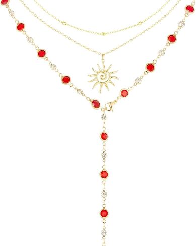 Layered Crystal Y-Shaped Lariat Necklaces for Women 14K Gold Sun Cross Virgin Mary Boho Hippie Rhinestone Jewelry in Saudi Arabia