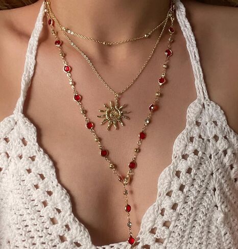 Layered Crystal Y-Shaped Lariat Necklaces for Women 14K Gold Sun Cross Virgin Mary Boho Hippie Rhinestone Jewelry in Saudi Arabia