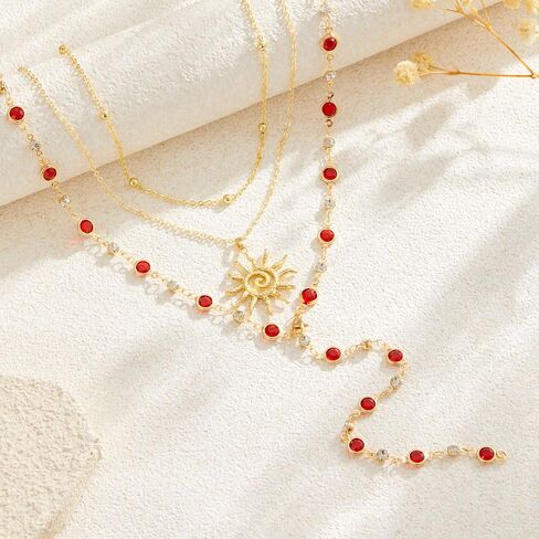 Layered Crystal Y-Shaped Lariat Necklaces for Women 14K Gold Sun Cross Virgin Mary Boho Hippie Rhinestone Jewelry in Saudi Arabia