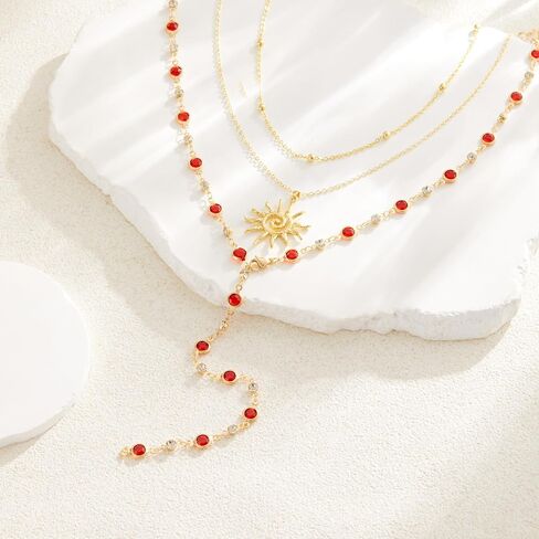 Layered Crystal Y-Shaped Lariat Necklaces for Women 14K Gold Sun Cross Virgin Mary Boho Hippie Rhinestone Jewelry in Saudi Arabia