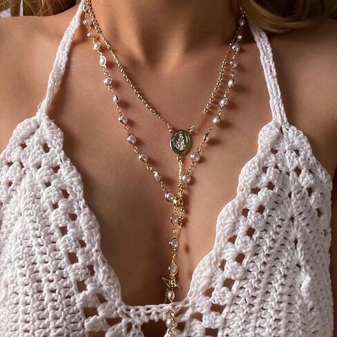 Layered Crystal Y-Shaped Lariat Necklaces for Women 14K Gold Sun Cross Virgin Mary Boho Hippie Rhinestone Jewelry in Saudi Arabia