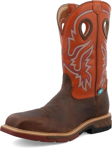 Twisted X Men's 12" Pull On Nano Composite Toe Waterproof Western Work Boot, Square Toe with CellStretch, Brown & Orange, 10.5 EE in Saudi Arabia