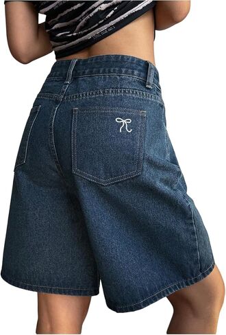SHENHE Women's Bermuda Jorts Baggy Jean Shorts Mid Waisted Wide Leg Bow Denim Shorts in Saudi Arabia