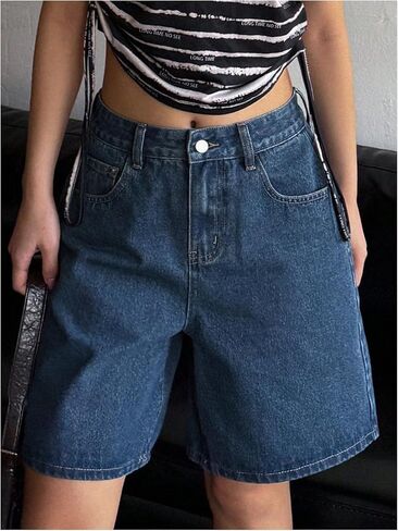 SHENHE Women's Bermuda Jorts Baggy Jean Shorts Mid Waisted Wide Leg Bow Denim Shorts in Saudi Arabia