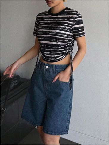 SHENHE Women's Bermuda Jorts Baggy Jean Shorts Mid Waisted Wide Leg Bow Denim Shorts in Saudi Arabia