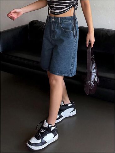 SHENHE Women's Bermuda Jorts Baggy Jean Shorts Mid Waisted Wide Leg Bow Denim Shorts in Saudi Arabia