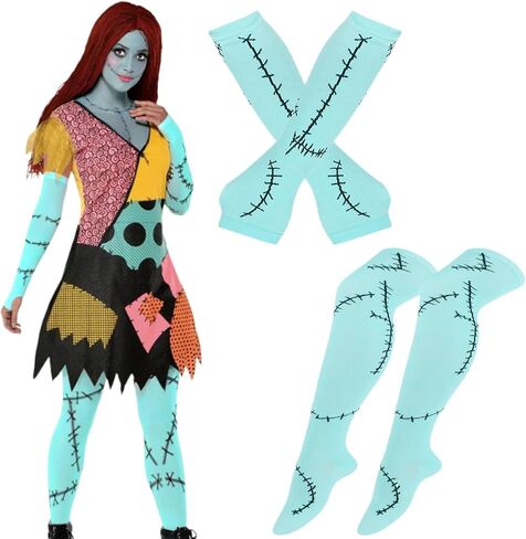 Halloween Stitched Scar Arm Sleeves Socks Set Sew Dolls Fingerless Gloves Zombie Bride Leg Warmers for Christmas Nightmare Party Cosplay Dress Up Blue in Saudi Arabia