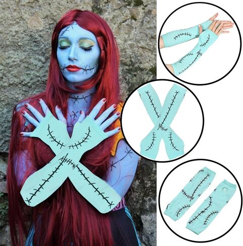 Halloween Stitched Scar Arm Sleeves Socks Set Sew Dolls Fingerless Gloves Zombie Bride Leg Warmers for Christmas Nightmare Party Cosplay Dress Up Blue in Saudi Arabia