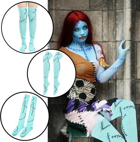 Halloween Stitched Scar Arm Sleeves Socks Set Sew Dolls Fingerless Gloves Zombie Bride Leg Warmers for Christmas Nightmare Party Cosplay Dress Up Blue in Saudi Arabia
