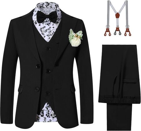 YUEMION Boy Suit Tuxedos Wedding Formal Kid Outfits 7Pcs Dress Shirt with Bowtie Vest Jacket Boutonniere Suspender Pants Set in Kuwait