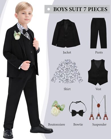 YUEMION Boy Suit Tuxedos Wedding Formal Kid Outfits 7Pcs Dress Shirt with Bowtie Vest Jacket Boutonniere Suspender Pants Set in Kuwait