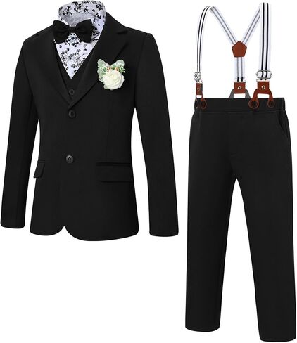 YUEMION Boy Suit Tuxedos Wedding Formal Kid Outfits 7Pcs Dress Shirt with Bowtie Vest Jacket Boutonniere Suspender Pants Set in Kuwait