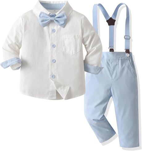 Toddler Boy Formal Suit Set Gentleman Outfits Long Sleeve Shirt with Bow Tie Suspender Pant Boys Wedding Dress Suits in Saudi Arabia