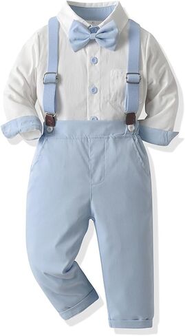 Toddler Boy Formal Suit Set Gentleman Outfits Long Sleeve Shirt with Bow Tie Suspender Pant Boys Wedding Dress Suits in Saudi Arabia
