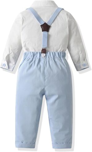 Toddler Boy Formal Suit Set Gentleman Outfits Long Sleeve Shirt with Bow Tie Suspender Pant Boys Wedding Dress Suits in Saudi Arabia