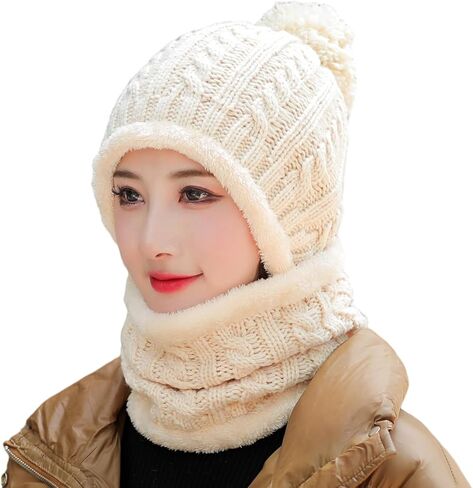 HUAMULAN Women Winter Beanie Hats One Piece Fleece Lined Knit Balaclavas Mask Set Skull Neck Circle Scarf Ski Snow Hat Pompom in Saudi Arabia