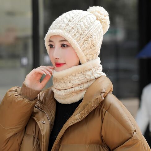 HUAMULAN Women Winter Beanie Hats One Piece Fleece Lined Knit Balaclavas Mask Set Skull Neck Circle Scarf Ski Snow Hat Pompom in Saudi Arabia