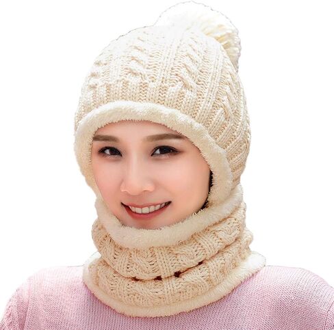 HUAMULAN Women Winter Beanie Hats One Piece Fleece Lined Knit Balaclavas Mask Set Skull Neck Circle Scarf Ski Snow Hat Pompom in Saudi Arabia