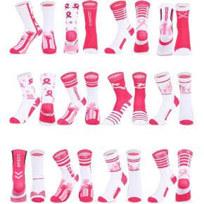 Suhine 24 Pairs Teens Pink Ribbon Breast Cancer Awareness Socks Sport Sock Bulk Pack Pink Crew Socks for Youth, 12 Styles, 5.91 x 6.69 Inch in Saudi Arabia