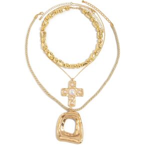 Layered Gold Chunky Cross Necklace For Women Stacked Gold Irregular Geometric Square Pendant Necklace Unique Punk Hip-Hop Oval Hollowed-Out Chain Necklace Fashion Accessories Creative Jewelry For Women in Kuwait