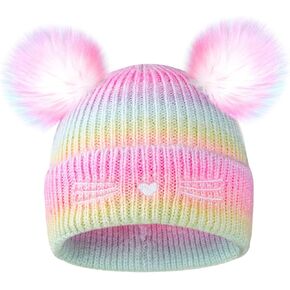 Girls Rainbow Pompom Beanies Hats, Embroidered Cat Knit Beanie Hat for Kids Snow Ski Skull Cap Age 3-14 in Kuwait