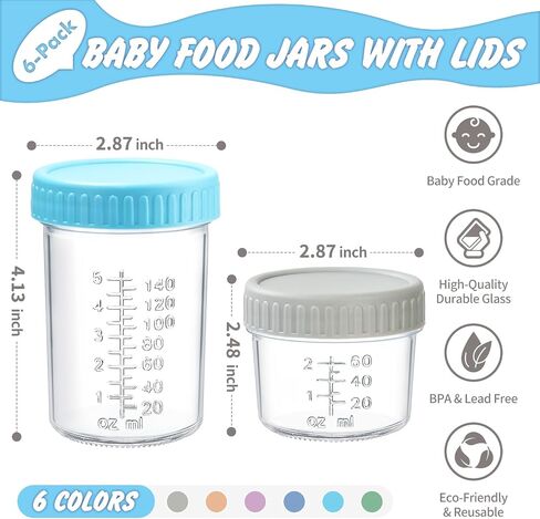 6 Pack Glass Baby Food Storage Containers - 4 Oz Baby Food Jars with Lids Baby Food Maker Microwave Dishwasher Freezer Safe 100% Leak Proof BPA Free Reusable in Saudi Arabia