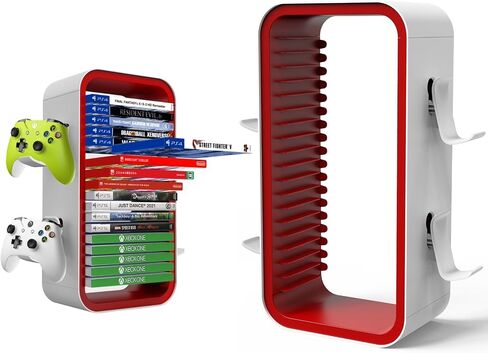 wigmoa Game Storage Tower【15.8INCH】 Compatible with PS5/ Xbox Series S & X/Switch, Universal Video Games Discs Organizers 18 PCS with 4 Controllers Holder, Game Disk Rack Shelf. OYO-1 (White/Blue) in Kuwait