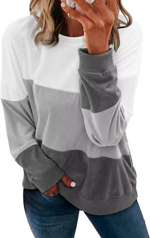 KISSMODA Womens Casual Long Sleeve Sweatshirts Color Block/Solid Tops Corduroy Crewneck Tunic Pullover with Pockets in Kuwait