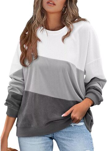 KISSMODA Womens Casual Long Sleeve Sweatshirts Color Block/Solid Tops Corduroy Crewneck Tunic Pullover with Pockets in Kuwait