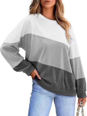 KISSMODA Womens Casual Long Sleeve Sweatshirts Color Block/Solid Tops Corduroy Crewneck Tunic Pullover with Pockets in Kuwait