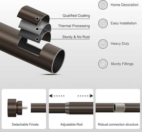 PORTRES Black Heavy Duty Curtain Rods for Windows 72 to 144 Inches Adjustable Length 1" Diameter Curtain Rod with Modern Decorative Finials for Outdoor Farmhouse Bedroom Kitchen Living Room in Saudi Arabia