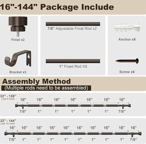 PORTRES Black Heavy Duty Curtain Rods for Windows 72 to 144 Inches Adjustable Length 1" Diameter Curtain Rod with Modern Decorative Finials for Outdoor Farmhouse Bedroom Kitchen Living Room in Saudi Arabia