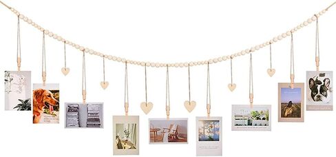 معلق صورة عرض الجدار ديكور ريفي البلد بوهو حبات خشبية إطار مع 9 مقاطع خشبية و 6 علامات قلوب خشبية ، حامل بطاقة عيد الميلاد لغرفة النوم ، المكتب ، الحضانة (2 عبوة) in Kuwait