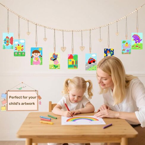 معلق صورة عرض الجدار ديكور ريفي البلد بوهو حبات خشبية إطار مع 9 مقاطع خشبية و 6 علامات قلوب خشبية ، حامل بطاقة عيد الميلاد لغرفة النوم ، المكتب ، الحضانة (2 عبوة) in Kuwait